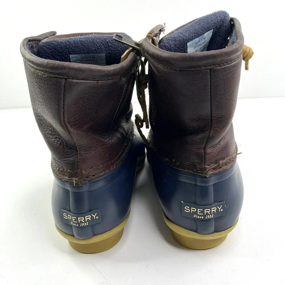 Sperry Saltwater Duck Rain Boots Leather Rubber Brown Navy Women's Size 7